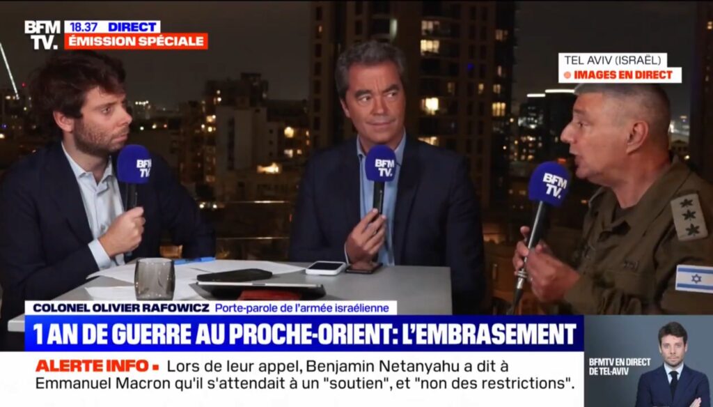 Olivier Rafowicz, porte parole de l'armée israélienne, était l'invité de BFMTV, le 6 octobre 2024.